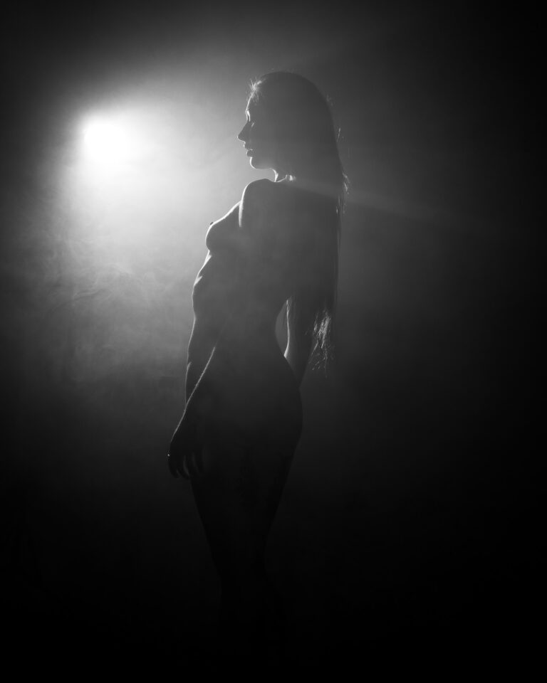 A black and white fine art photograph of a female silhouette standing in profile, surrounded by hazy smoke and illuminated by a strong backlighting source that creates a sharp rim light and visible light rays.